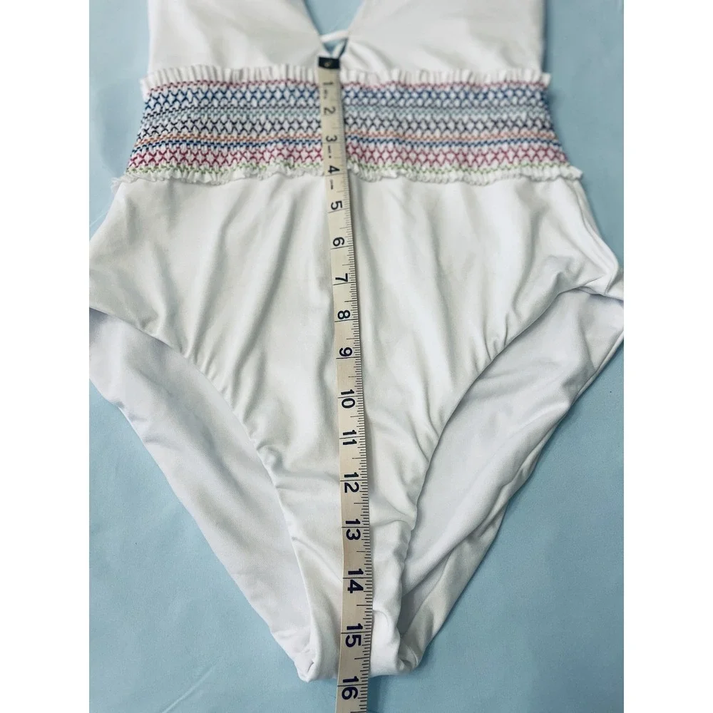 Bar III Swimsuit Womens Small White One Piece Smocked Waist Multicolor Trim Swim